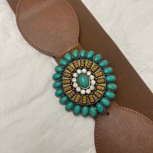 Women’s Western Elastic Leather Brown and Turquoise Beaded Embellished Belt